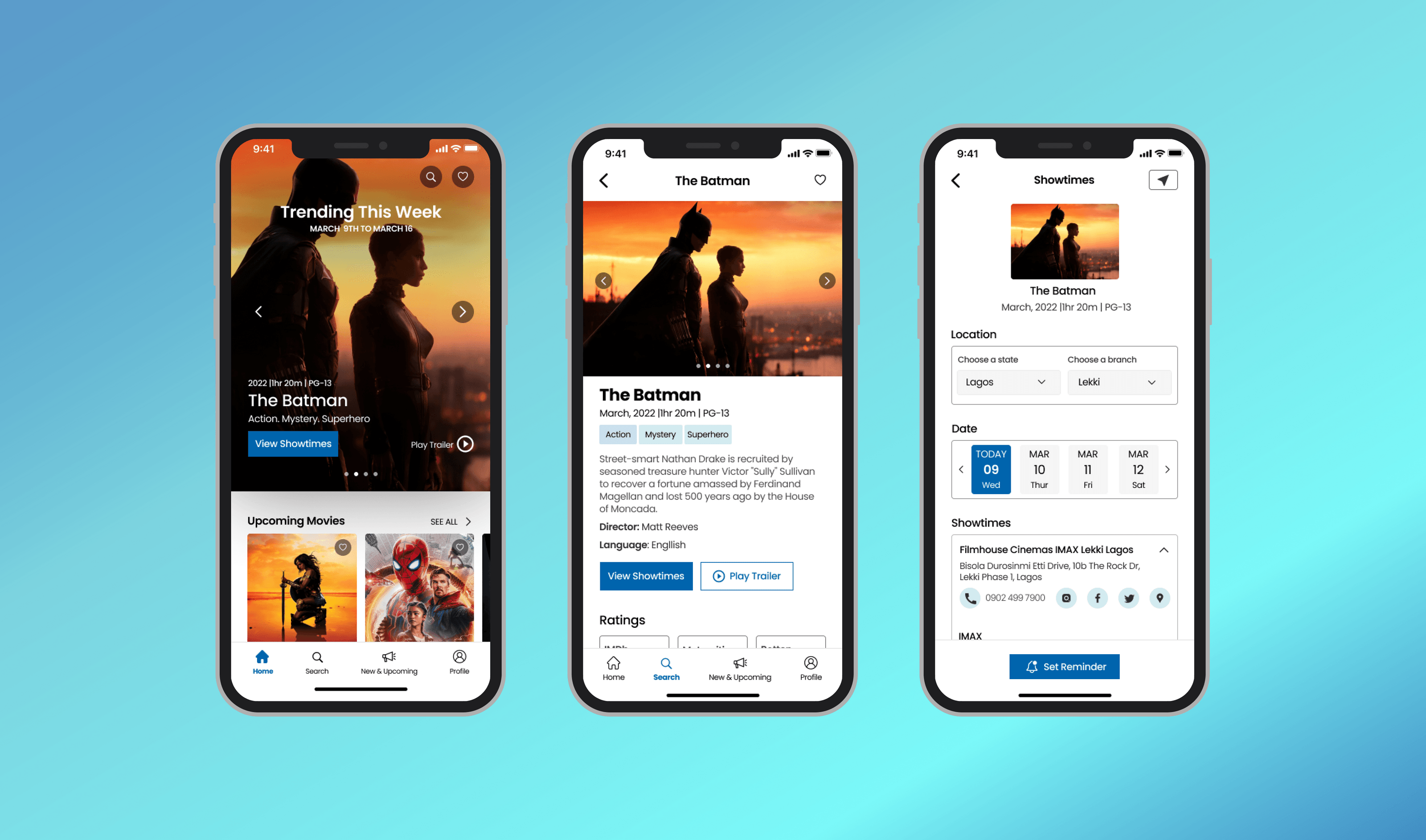 High-fidelity mockups — trending home, movie detail, and showtimes