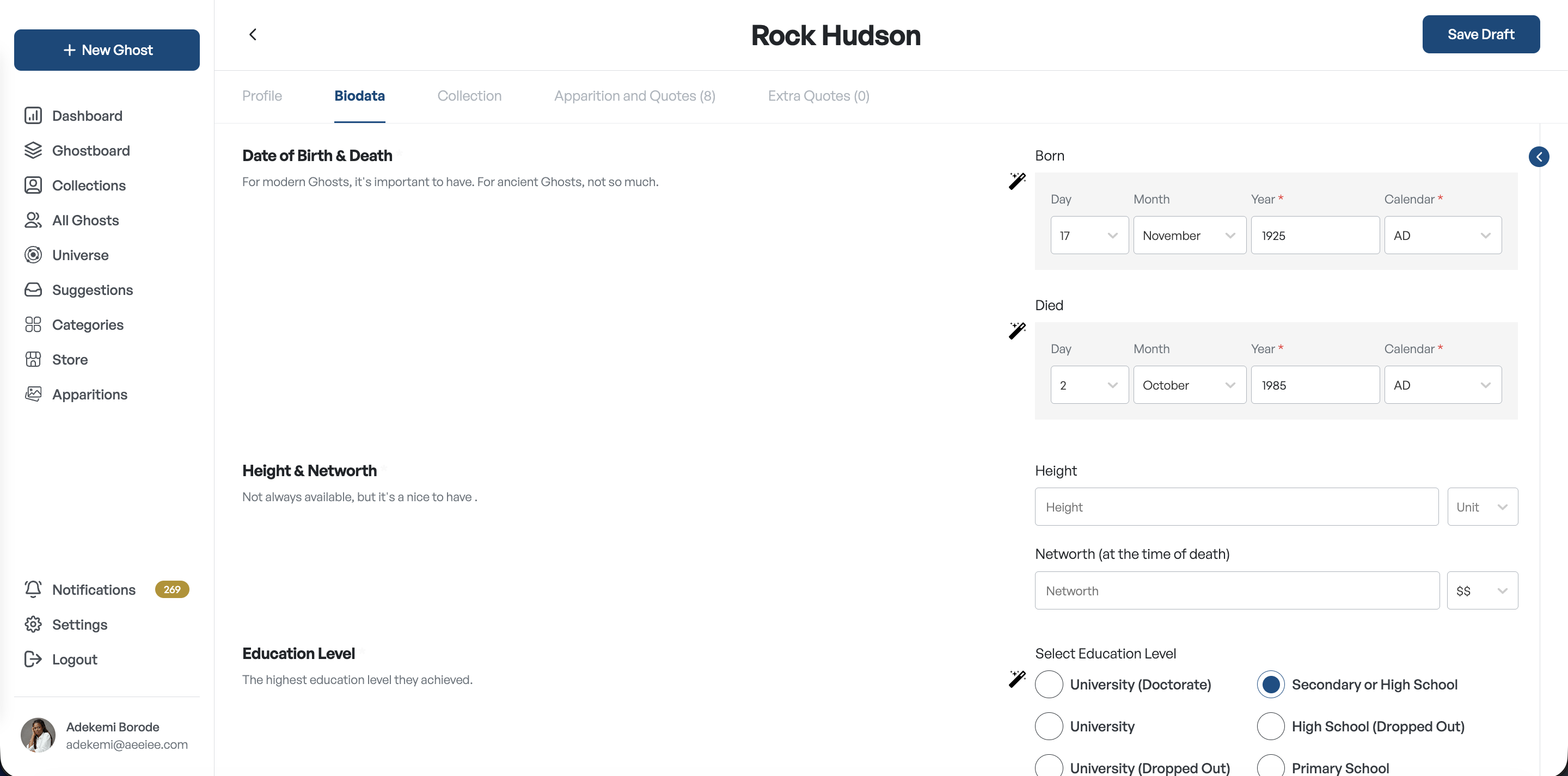 Create form — Biodata: dates, height, education